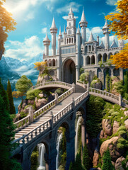 Fantasy castle with a bridge on top of a mountain with waterfalls.  Illustration created with generative ai technology.