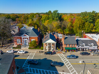 Concord historic town center aerial view in fall with fall foliage on Main Street in town of Concord, Massachusetts MA, USA. 