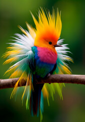 Cute bird with multicolored plumage bird perched on a branch. Illustration. Created with generative ai technology