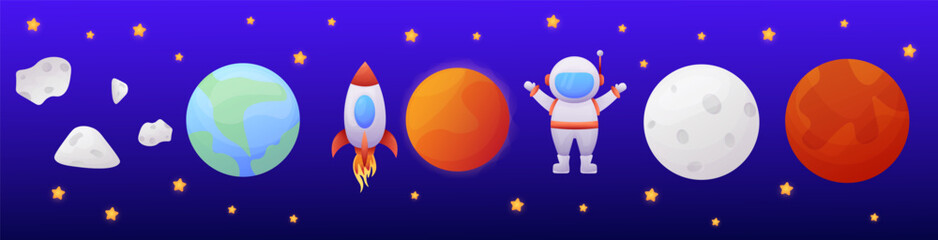 Cartoon planets, astronaut, rocket, stars, meteorites on the cosmic background. Vector cartoon set. © Olha Ye