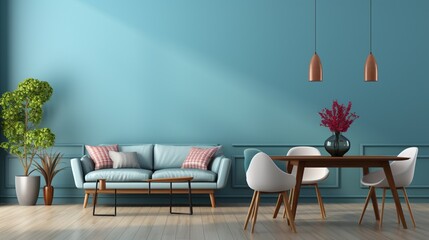 A modern interior design features an empty living room with a blank blue wall, adjacent to a dining room with a table and chairs This serves as an interior background