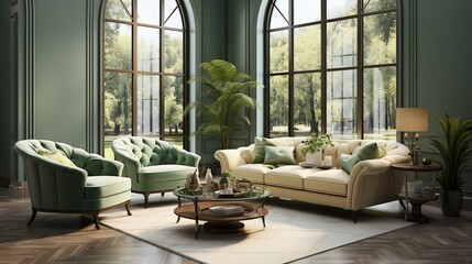 A modern living room with classic interior design features a green velvet tufted sofa and two beige armchairs