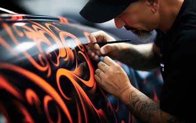 An airbrush artist drawing a draw on a car. Generative AI - obrazy, fototapety, plakaty