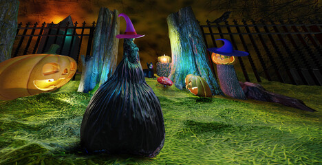 Halloween background. Spooky night scene with witch and pumpkins. 3D render illustration.