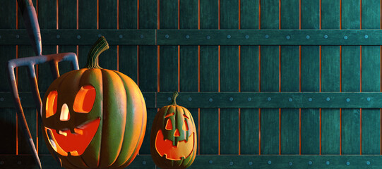 Halloween background with Jack o Lantern. Pumpkins on a wooden background. 3D render illustration.
