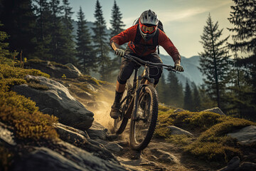 Naklejka premium Cyclist Riding the Bike Down the Rock at Sunrise in the Beautiful Mountains on the Background. Extreme Sport and Enduro Biking Concept.