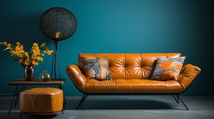 A patchwork orange and brown leather sofa is set against a turquoise blank wall with plenty of copy space in the minimalist home interior design of the modern living room - obrazy, fototapety, plakaty