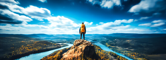 Young traveler backpacker enjoy the breathtaking beauty of nature landscape at top of the mountains, valley and rivers. Globetrotter man, travel alone in nature.