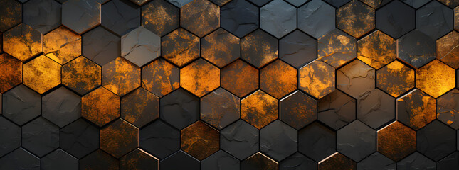 modern mosaic wallpaper black gold hexagon pattern, in the style of rusty debris, lightbox, detailed skies, dark gray and orange, technological design, shaped canvas, aluminum - obrazy, fototapety, plakaty