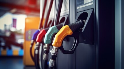 Close-up fuel dispenser on Gasoline and diesel service stations. - obrazy, fototapety, plakaty
