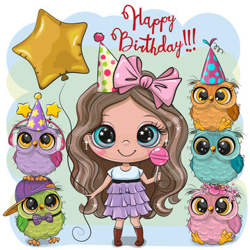 Cute Girl and owl with balloon and bonnets