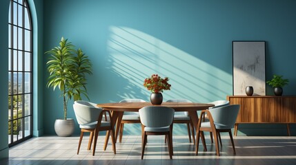 A round wooden dining table and barrel chairs are set against a window and a blue wall, creating a Scandinavian or mid-century interior design in the modern living room