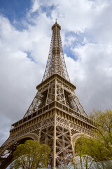 Paris, France - April 3 2019: View on Eiffel Tower in Paris from below