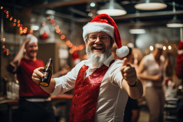 Office christmas party, people wearing santa hats and having fun