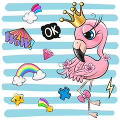Flamingo with crown on a striped background