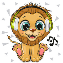 Cartoon Lion with green headphones on a white background