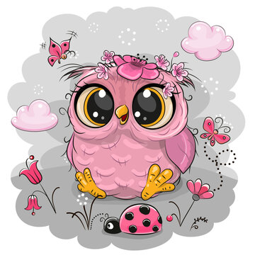 Cartoon Owl on a meadow with flowers and butterflies