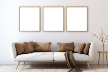 Wall art mockup. Three frames with wooden borders. Living room with white wall