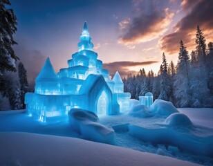 Ice castle in snowy cold North winter mountain forest at sunset glowing from inside, possibly in Norway or Iceland for perfect vacation holiday travel trip