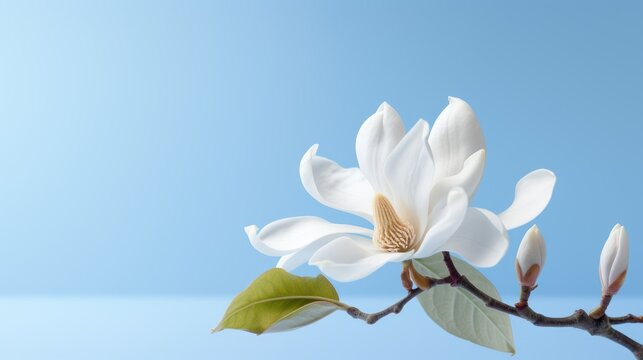 Isolated closeup fresh natural white magnolia flower in bloom on blue background in spring with copyspace for romantic wedding, International Women's day or birthday 