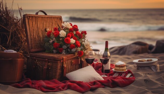 Photo of a beach picnic with delicious food and wine