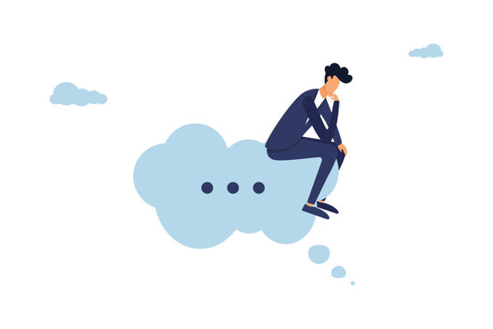 Critical thinking concept for solving a problem, thoughts about a new idea, concentration, skeptical or rational concept, thoughtful businessman sitting, on a thought bubble. Illustration