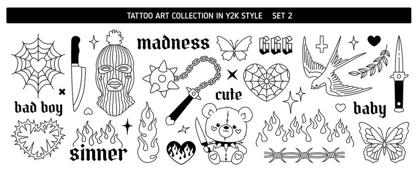 Y2k Criminal Tattoo Art design in 2000s style set 2. Y2k tattoo stickers. Knife, Balaclava mask, Sinner inscription, Butterfly, Flame, Mask, Teddy Bear, Fire, barbed wire. Vector Line art tattoo 