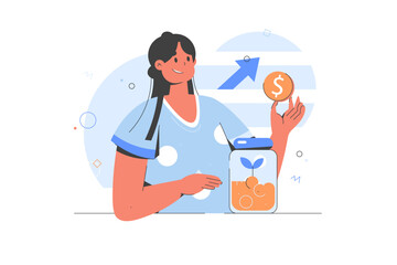 Finance increasing concept. Vector illustration. Women character investing money, becoming financially successful and capital growth