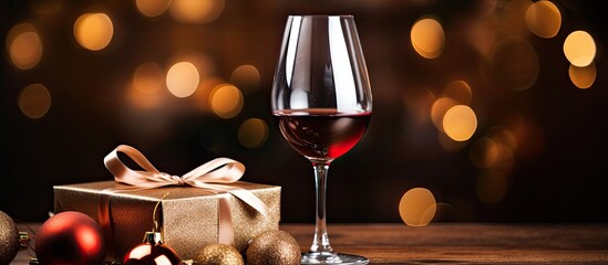 Red wine glass with Santa hat gift box and Christmas decor on table Black background with Christmas lights