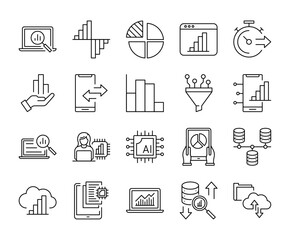Set of data driven and analytics with editable stroke line icons. Research big data chart  vector illustrations.