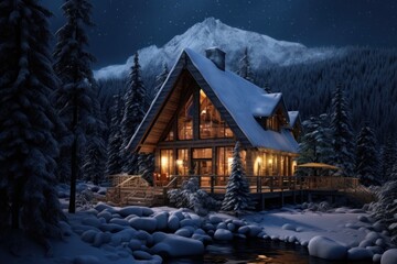 cozy mountain chalet nestled in a pristine snow-covered landscape, offering a picturesque winter getaway - Generative AI
