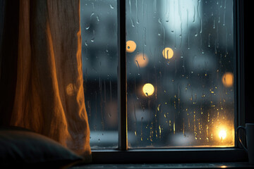 Raindrops falling on a windowpane with a cozy interior in the background