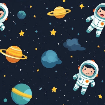 Astronaut in space cartoon seamless repeat pattern