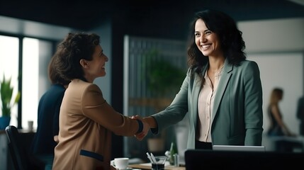 Fototapeta premium Successful Business Deal: Happy Mid-Aged Businesswoman Handshaking with Client in Office, Job Interview