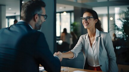 Successful Business Deal: Happy Mid-Aged Businesswoman Handshaking with Client in Office, Job Interview