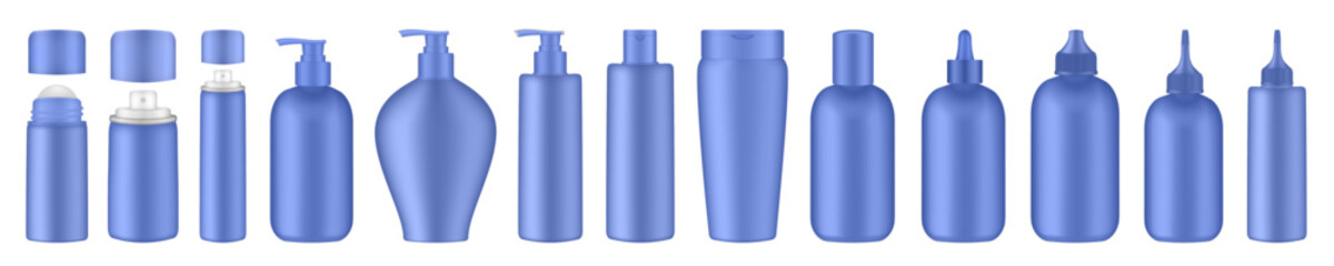 Set of blue squeeze bottles. Bottles with pump, dispenser. Korean packaging. Lotion or shower gel. Deodorant roll-on. Hair spray, air freshener container, mockup of aerosol. Squeeze bottles. Dropper