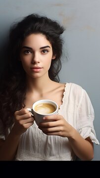 Young woman in white dress standing looking at camera with cup of coffee on light background