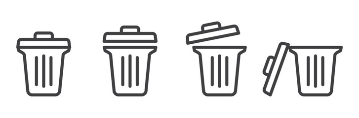 Waste and recycle icons set in line style. Delete icon, Modern vector trash can symbol isolated on white background. Linear pictogram pack. Set of trash line icons for web apps and mobile concepts.