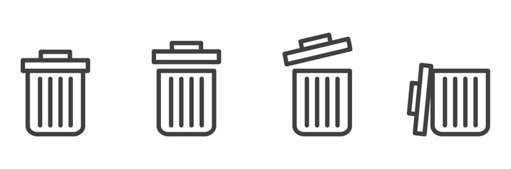 Set of simple trash icons in line style. Delete icon, Trash can linear pictogram pack. Waste and recycle icons. Modern vector trash can symbol isolated on white background.