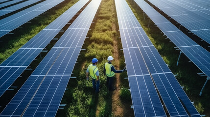 Aerial view over two technician walking for inspecting operation efficiency of solar panel energy production field solar farm in countryside area with sunset. Made with generative AI	