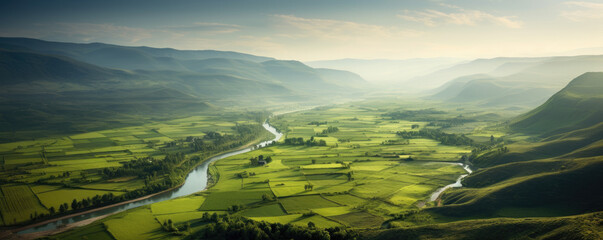 Bird's-eye view of a tranquil countryside, with rolling hills, farmlands, and meandering rivers