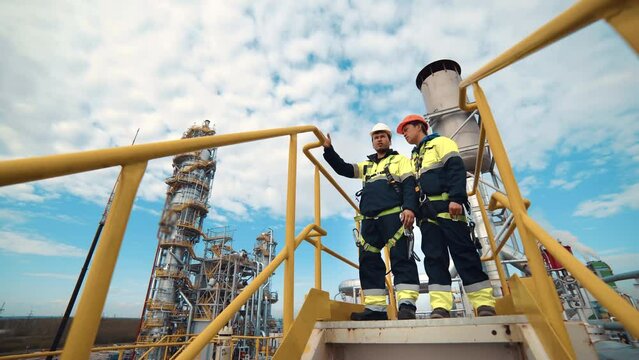 Two Asian manufacture construction engineer discuss oil petroleum gas factory technology