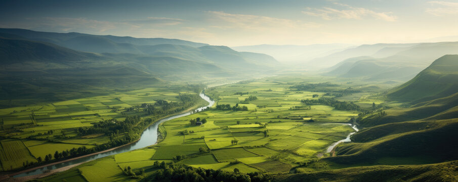 Bird's-eye view of a tranquil countryside, with rolling hills, farmlands, and meandering rivers