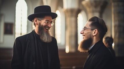 orthodox jew talking with another catholic person - obrazy, fototapety, plakaty