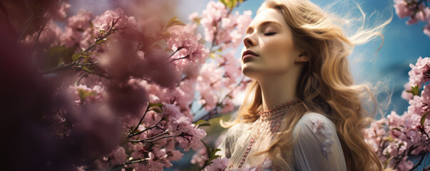 Fototapeta premium Portrait of a young woman in a blooming garden, surrounded by vibrant spring blossoms