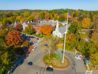 Concord Monument Square aerial view including Holy Family Parish Church and Concord Town Hall in...