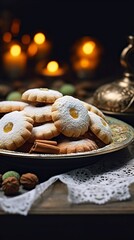 Obraz na płótnie Canvas Plate of traditional cookies for Islamic holidays on the table. Eid Mubarak