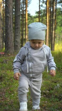 Little boy walking during the hiking activities in northern forest in Finland
