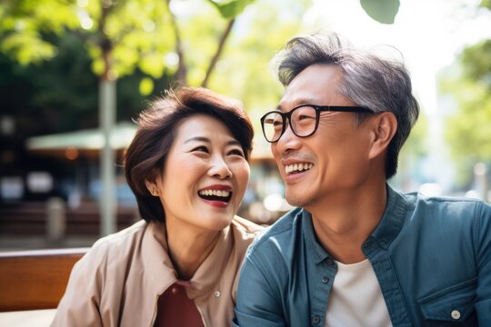 Happy smiling asian mature senior couple posing together	