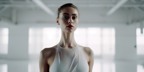 dancer in a stark, white room, poised in a moment of stillness